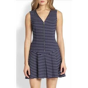 Theory White & Blue Striped Sayidres Fit & Flare Zipper Pleated Dress Women's 8
